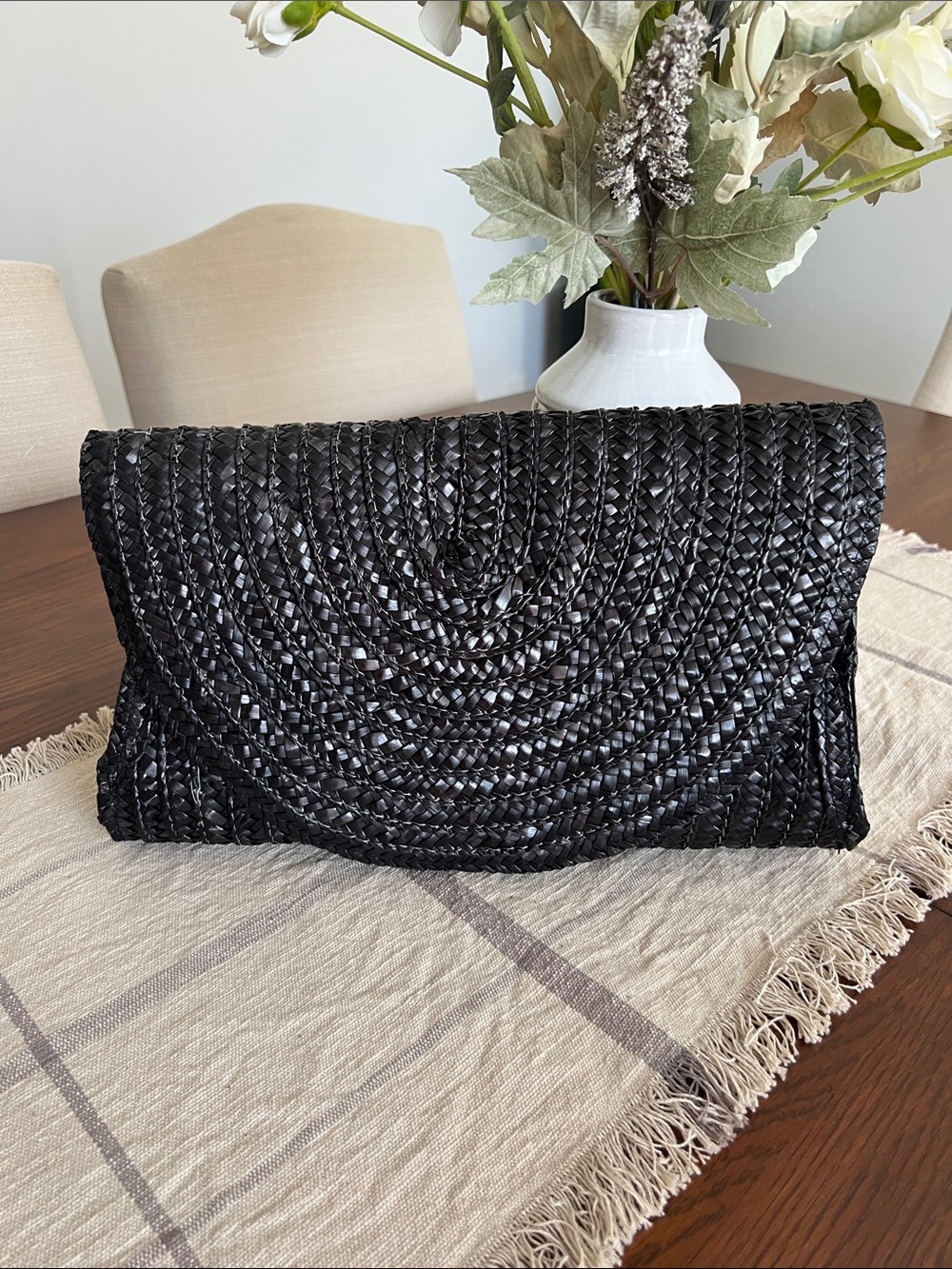 Black Woven Fold-Over Clutch Bag